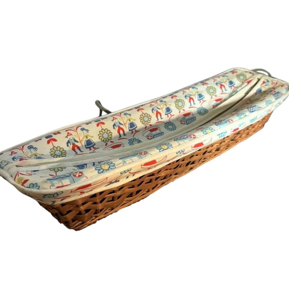 Vintage Wicker Baguette Basket Scandinavian Folk Art Zippered Fabric Liner Long